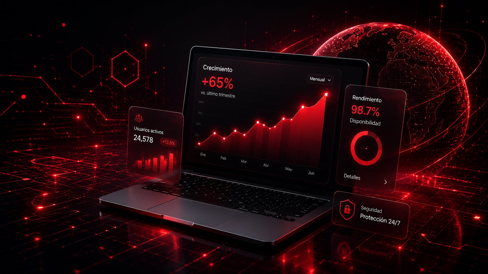 Panel tecnológico con laptop, dashboard de crecimiento y planeta